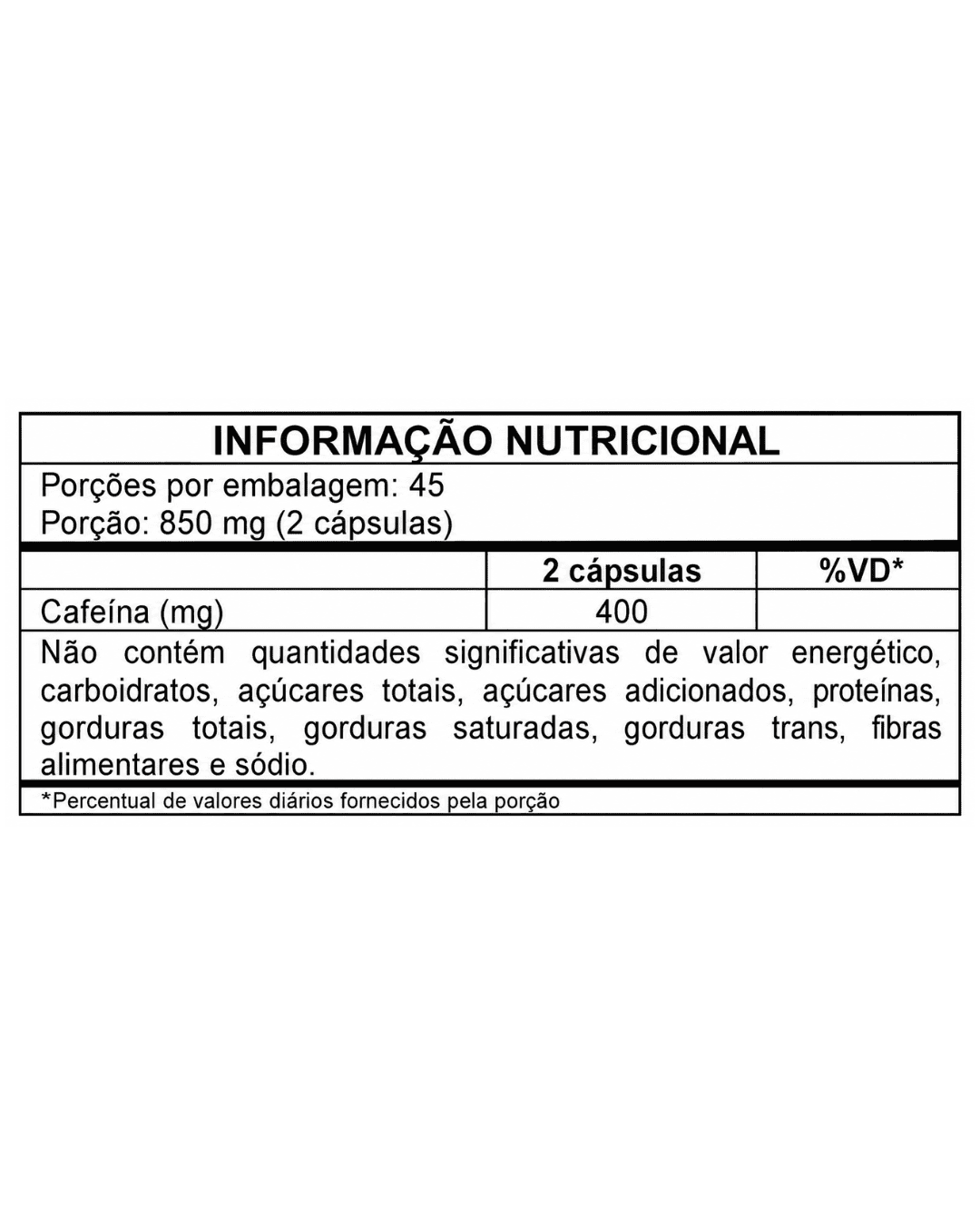 tabela nutricional cafeine
